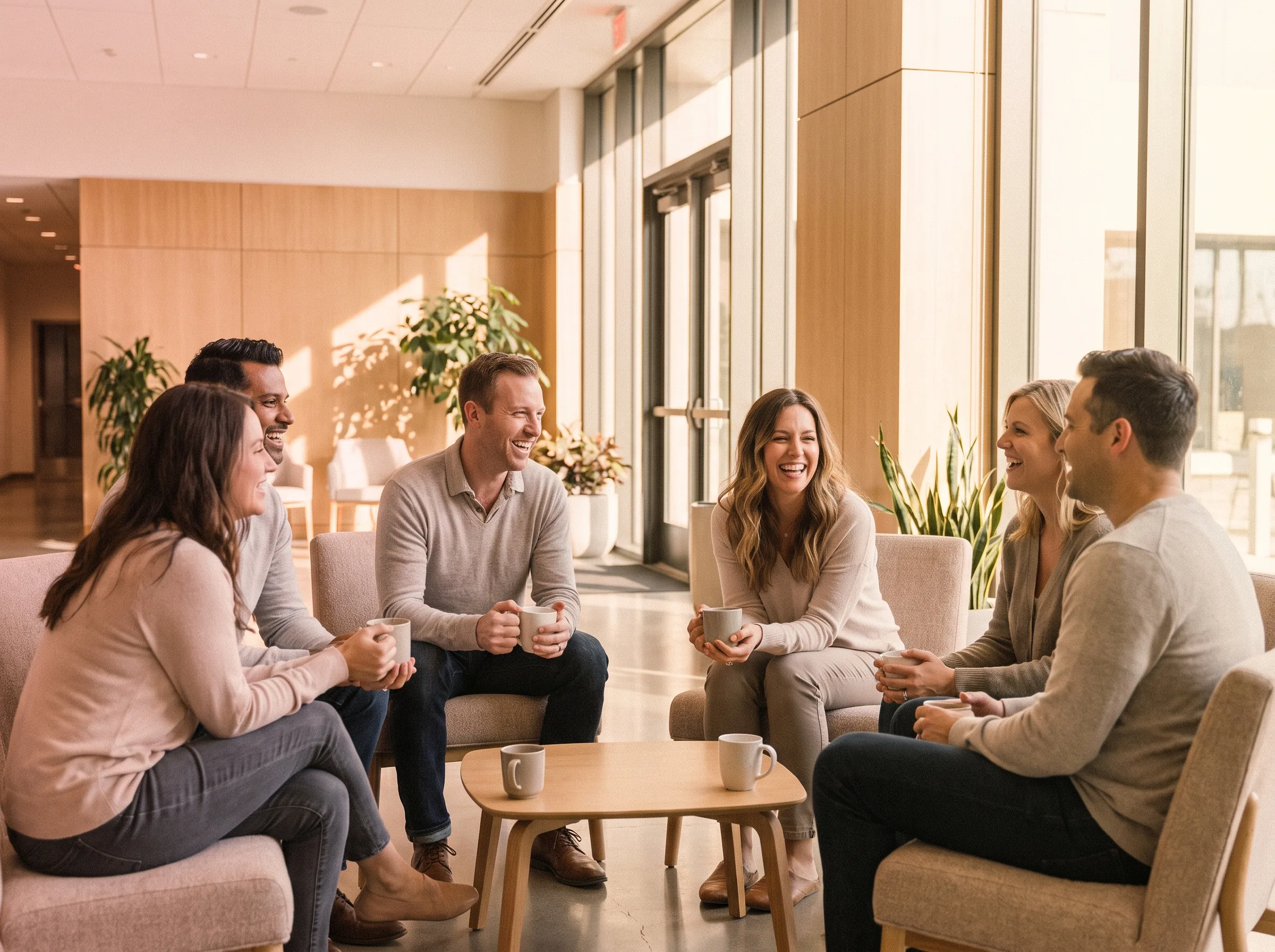 Small group of adults talking warmly in a lobby
