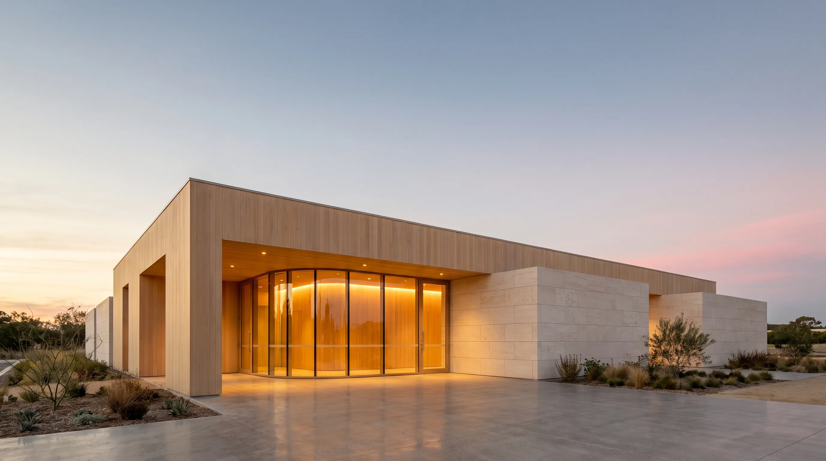 Modern church exterior glowing warmly at dusk