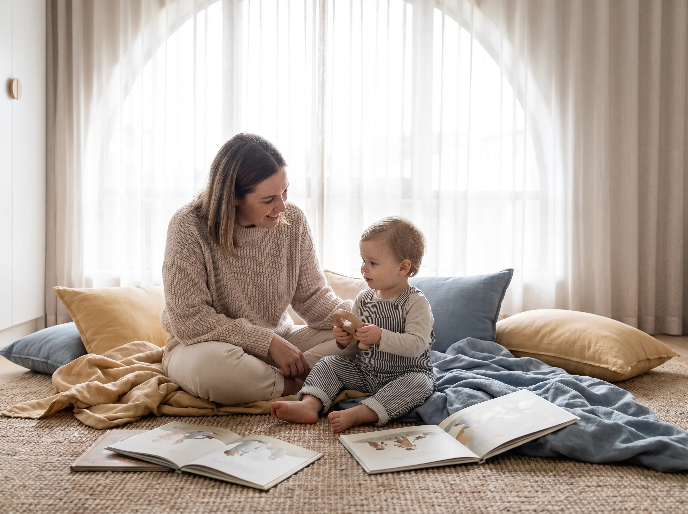 Parent and child reading together in a bright kids room