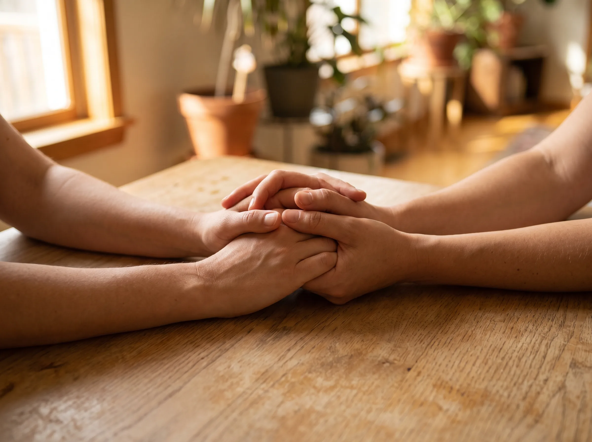 Two people warmly clasping hands in support