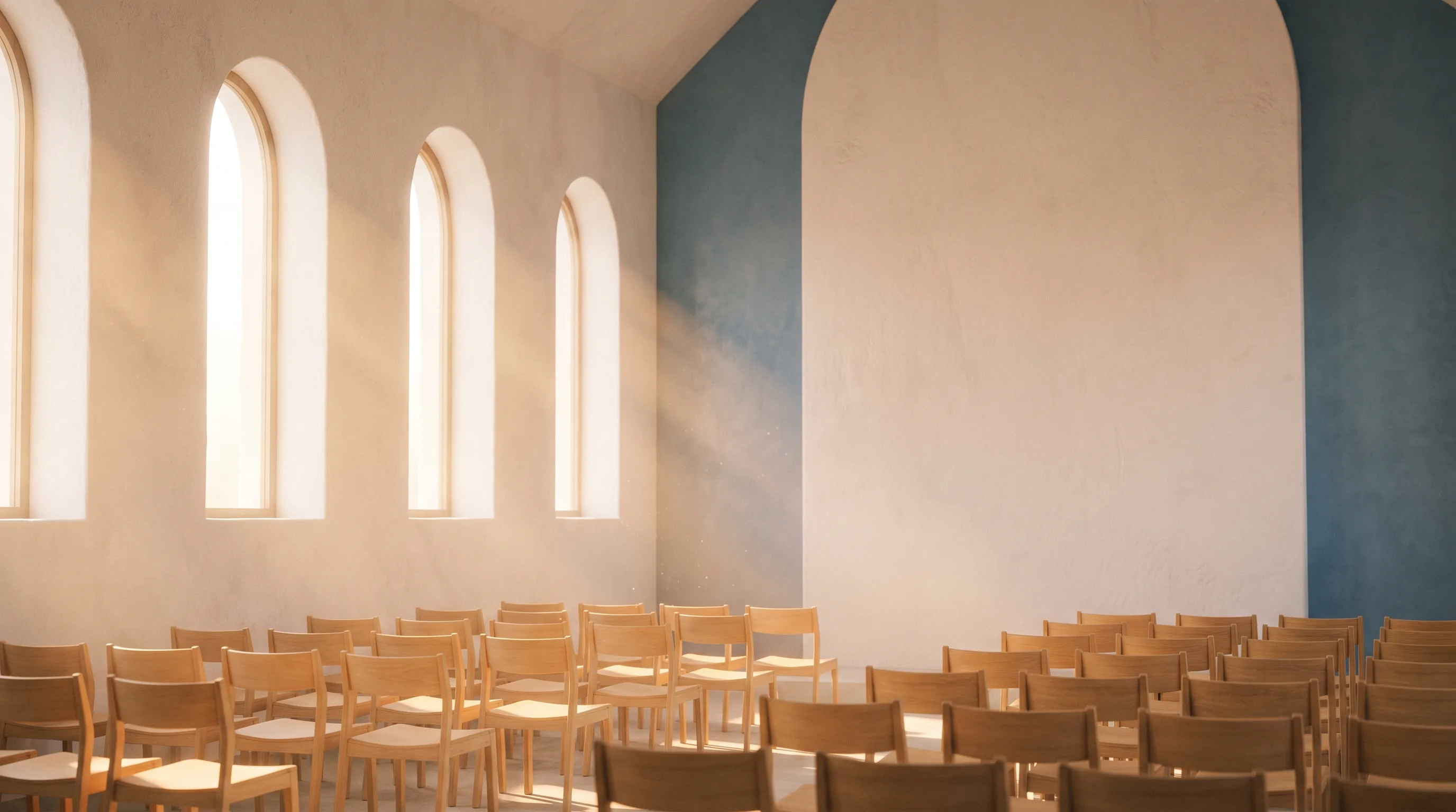 Sunlit sanctuary interior with warm light through tall windows