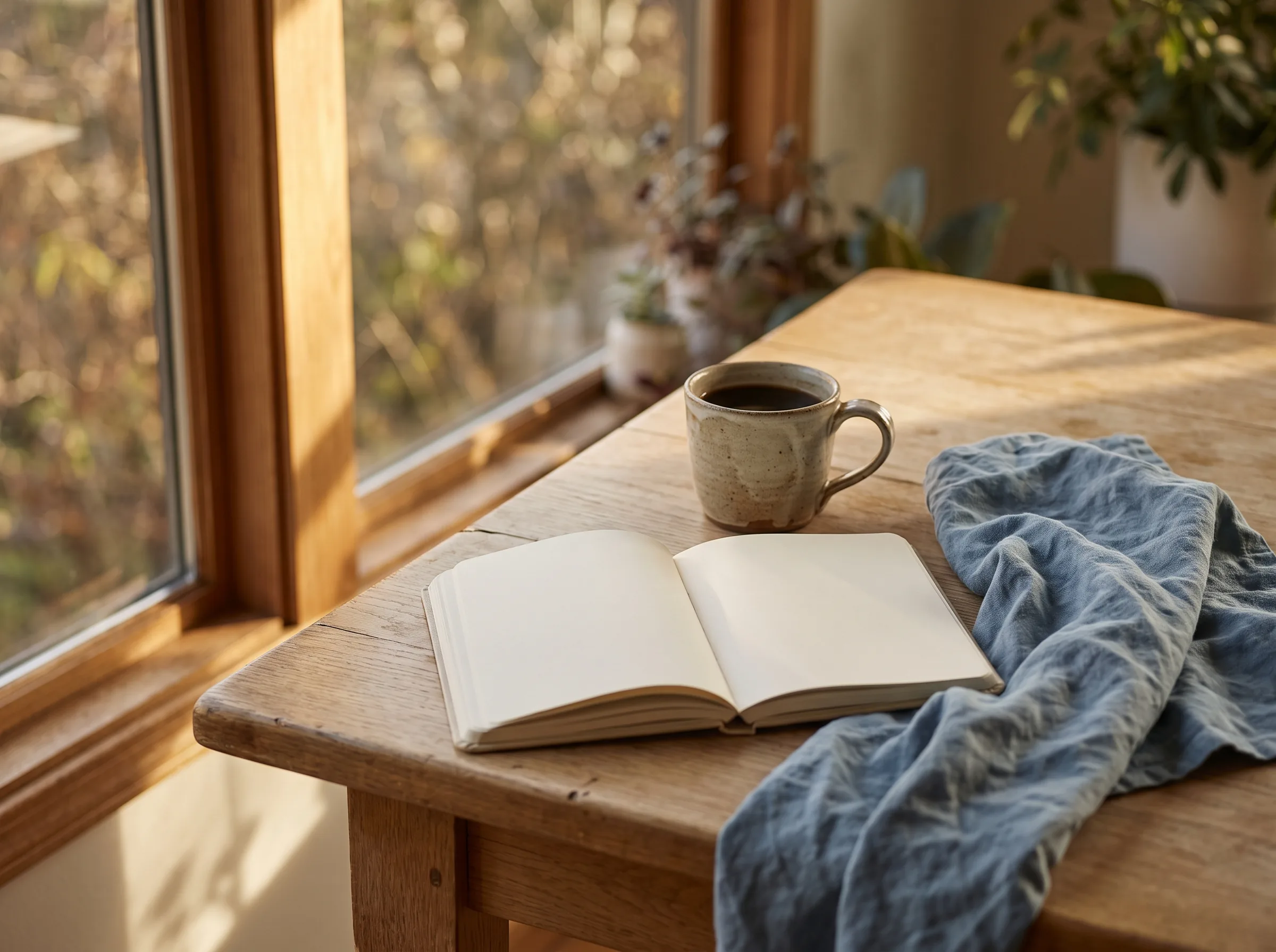 Open journal and coffee beside a sunlit window